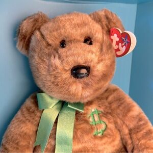 TY Beanie Buddies - Billionaire Brown Teddy Bear Plush - Embroidered Green $